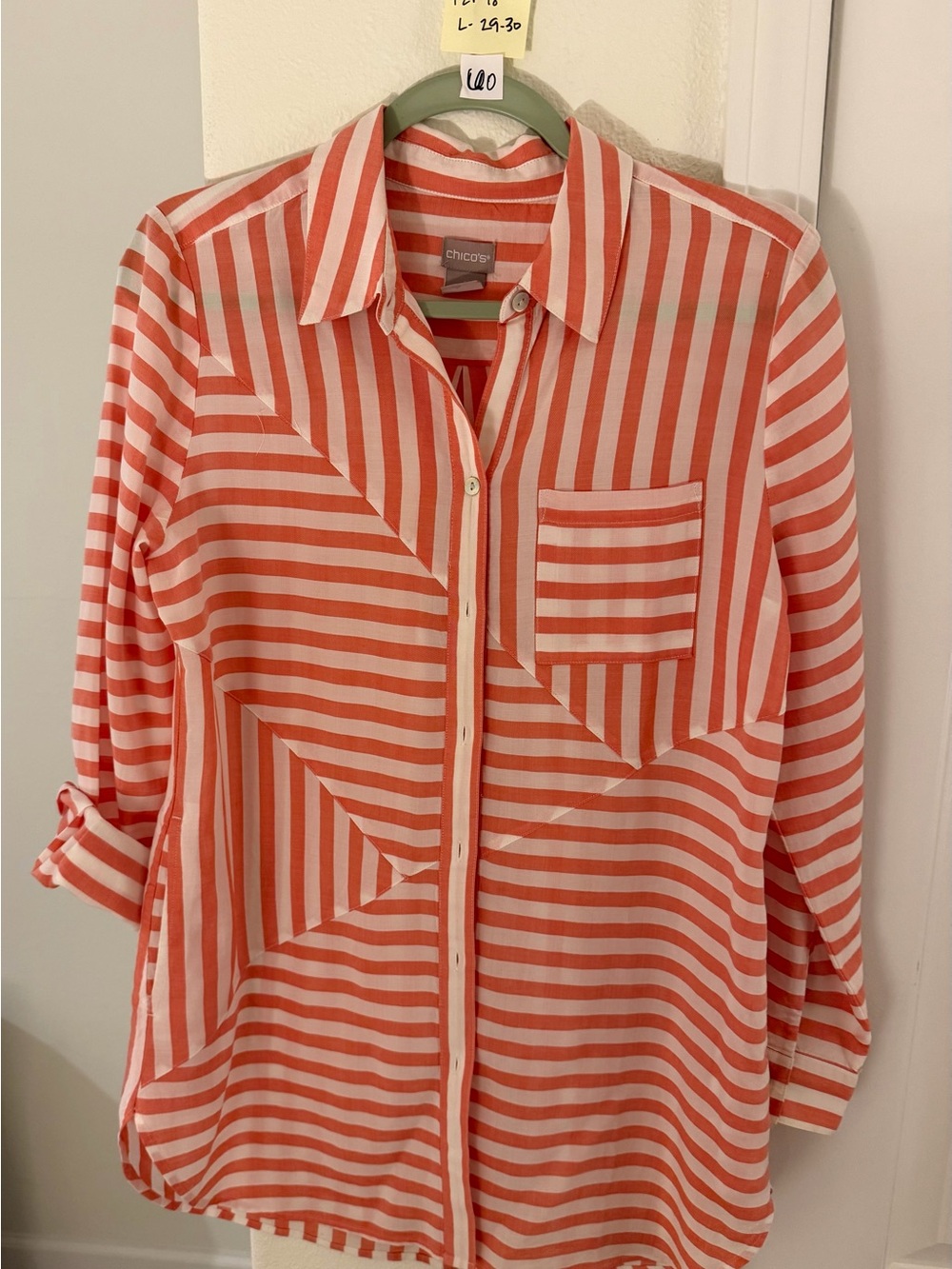 Chico's Coral & White Striped Button-Front Shirt size 0